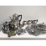 A selection of Swan stainless steel milk jugs, tea pots, coffee pot, butter dish, tea strainer,