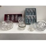 A quantity of cut and moulded glass including vases, candlestick holders, boxed Bohemia crystal,