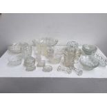 A quantity of cut glass items including three small vase, jugs, salt and pepper dishes,