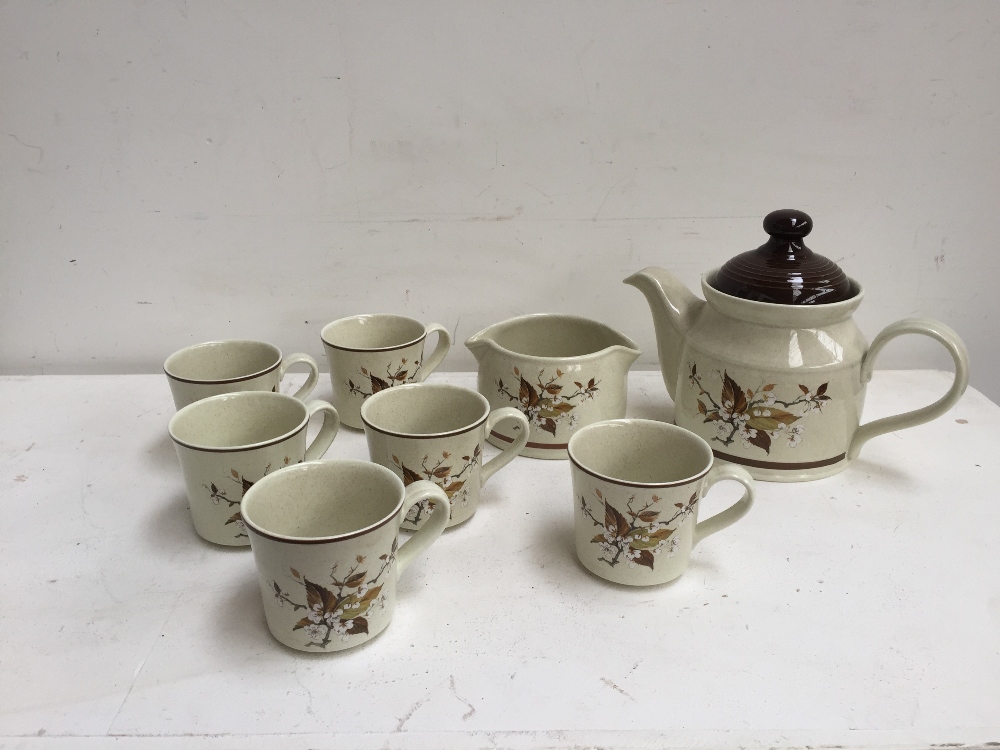 A selection of Royal Doulton tableware Wild Cherry pattern including a teapot with lid, six teacups,