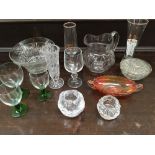 A mixed box of glassware including vases,