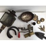 A selection of bronze and metal items, including a Bonbon dish, an iron, a coach lamp,