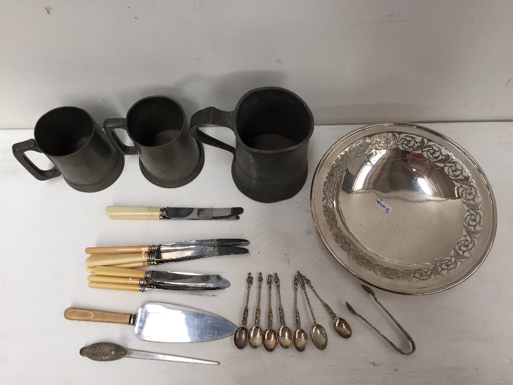 Three 19th/20th century pewter tankards and a small quantity of silver plated items including six