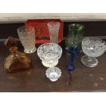 A mixed box of glassware including vases,