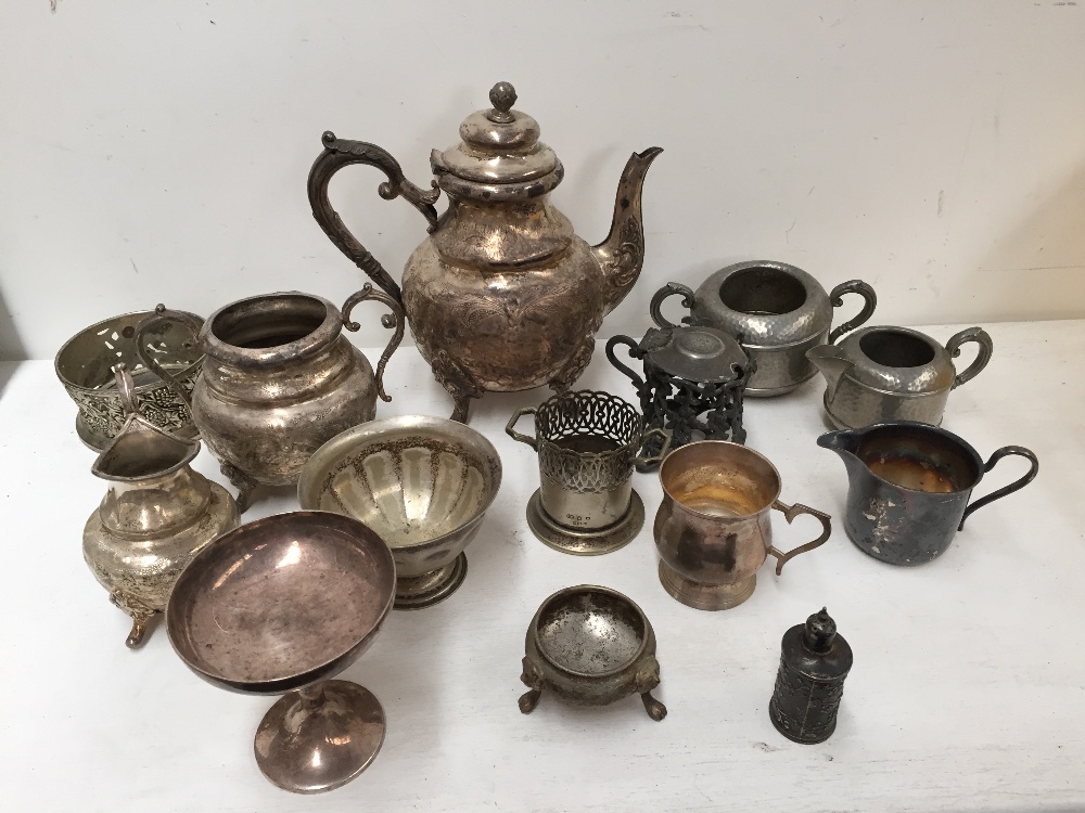 A quantity of plated items including an oriental silver pounce pot decorated with cherry blossom