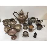 A quantity of plated items including an oriental silver pounce pot decorated with cherry blossom