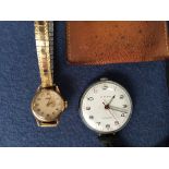 A Tissot gilt metal ladies wristwatch together with a Kienzle pocket watch in a leather case (2)