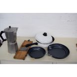 A large box of kitchen ware including two frying pan with removable handle,