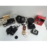 A box of vintage cameras and accessories including: A IGC K6 Cine max projector for normal 8 and