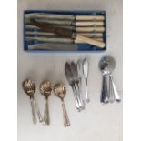 A selection of cutlery and flatware including a box of six Joseph Rodgers knifes with an Ivorine