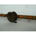 A vintage 12ft bamboo float road with 21” cork handle with sliding alloy reel rings together with a