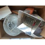 A box of heat lamps and an SBM gas heater unit suitable for rearing game birds and poultry