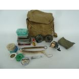 A W&G 1932 Ltd canvas fishing bag containing a variety of vintage monofilament line spools;