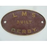 Railwayana - 'LMS BUILT DERBY', worksplate, cast brass oval 26 cm x 15cm,