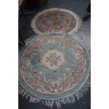 Two circular oriental superwash"jade" rugs with grey and light green fields and florals borders