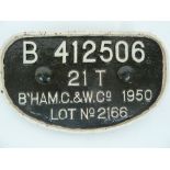 Railwayana - Cast Iron Builders Plate 'B 412506 21T B'HAM.&W.