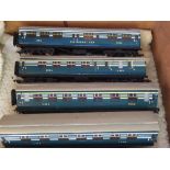 Five 00 Gauge Hornby blue carriages, 1st class and car restaurant LMS 1062, 1063, 2073,
