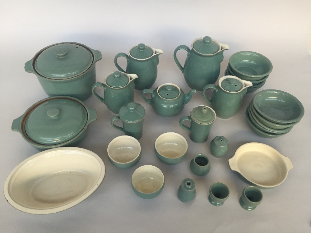 A large quantity of Regency Green Denby pottery including: Coffee pots, tea pot,