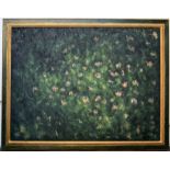 Abstract floral composition in green and pink, oil on canvas, framed,