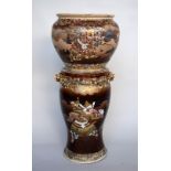 A Satsuma jardiniere and stand, meiji period, decorated with fighting samurai warriors,