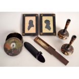 A mixed lot to include spillikins in a wooden box, a papier mache pill box,