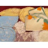 A box of lace and fine applique work tablemats - mostly all complete sets and good condition.