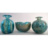 Three pieces of Mdina glassware including a round bowl with impressed foliate edge of green and