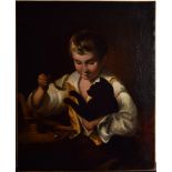 John Opie (British 1761-1807) A young boy playing with a cat, oil on canvas, unframed,