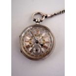 A late Victorian pocket watch with silver and gilt face on a silver fob chain