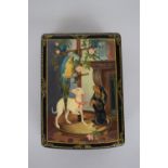 A Russian papier mache box decorated with two dogs and a parrot after Edwin Landseer,