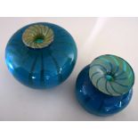 Two round Mdina glass vases with blue and green striped design unsigned,