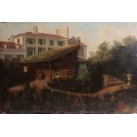 Colonial School 19th century, A Villa with an ornate Garden, oil on canvas, unframed,