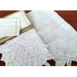 A mixed box of vintage fine cotton linen tableware, crocheted placemats and runners.