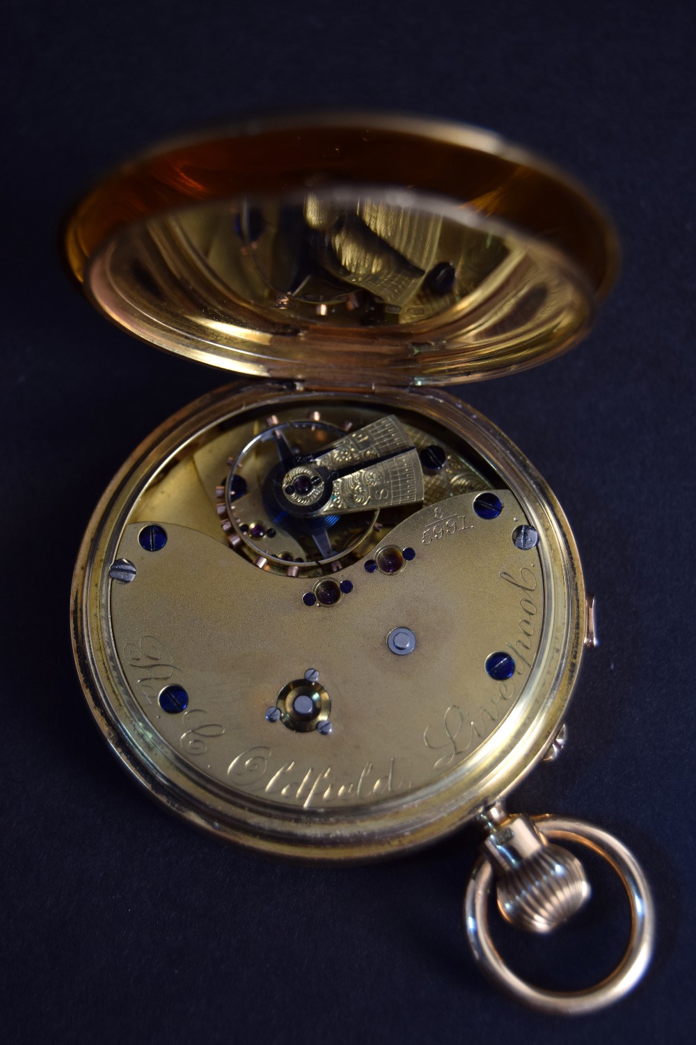 R.C.Oldfield, Liverpool, an 18ct gold gents full hunter pocket watch, top wind, 5. - Image 6 of 9