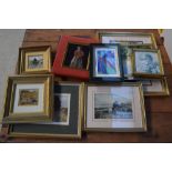 A selection of small framed paintings and prints including two landscape original by Julia Burks,