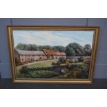 Jean Branch, Landscape scene with cottages and a stream with a bridge, oil on canvas, signed,