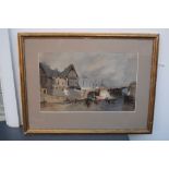 Dutch School, River scene with boats and a stone bridge, watercolour on paper, framed,