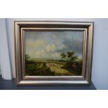 A reproduction oil painting of travellers on a country path signed 'Phibbs', framed,