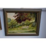 Alison M Dickens, The Garden Seat, oil on artists board, signed lower right, framed,