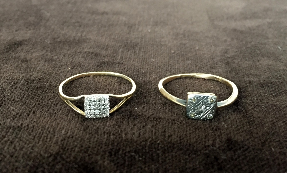 A 9ct gold ring with five diamond chips mounted on a square together with another of similar design