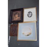 A selection of pictures including an original watercolour of a sailing boat in a marsh landscape at