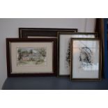 A quantity of pictures and prints including A Jenny Lawrence original water colour landscape,