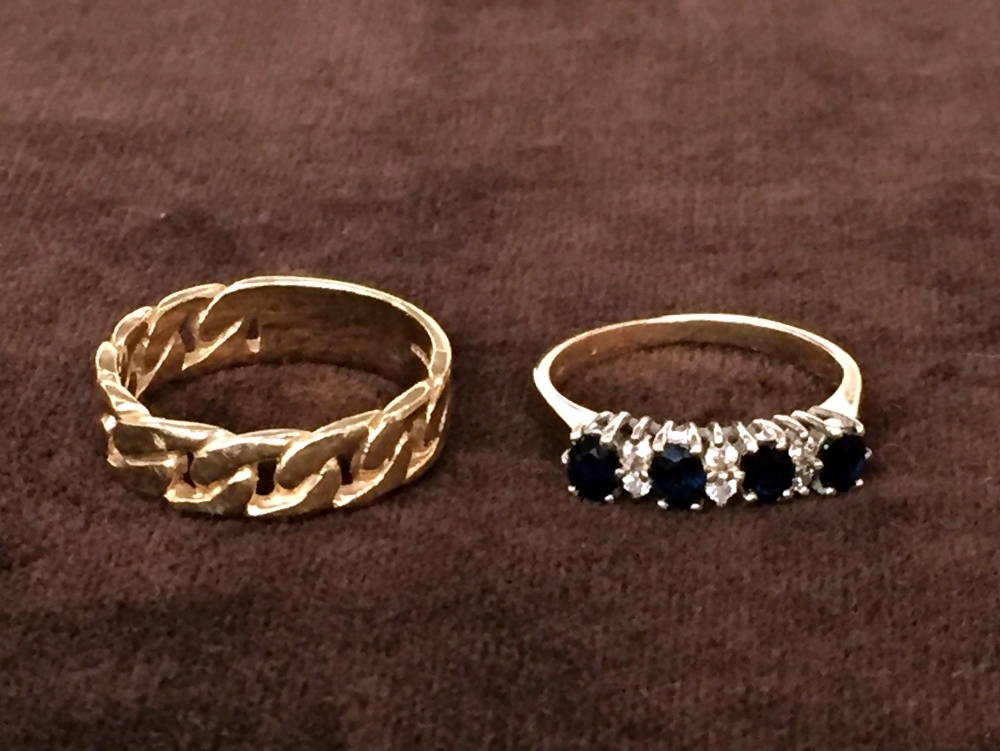 Two 9 ct gold rings one with four sapphires and six small diamonds and the other shaped as a chain