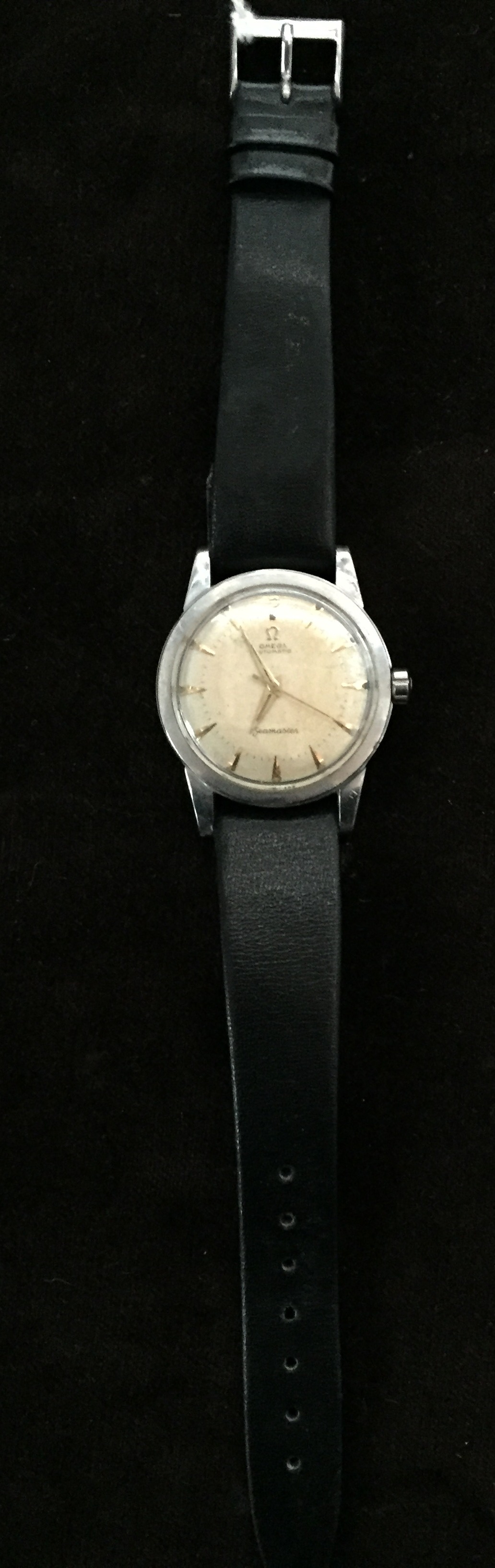 An early gents stainless steel Omega Seamaster Automatic wristwatch circa 1949 with gilt arrow