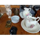 Cast iron silhouette of Queen Victorian, 2 jug and bowls, chamber pot & decorated vase, etc.