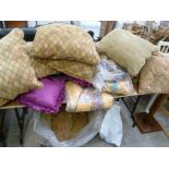 Large quantity of assorted cushions & multi coloured curtains and pelmets