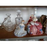 2 heavy quality glass decanters, Royal Doulton figure Top O The Hill HN 1834 and 2 other Royal