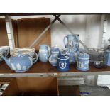 Wedgwood blue jasper ware, tea pots, storage jars, glass ware, etc.