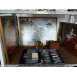 Vintage cased cutlery set, 3 framed tapestry pictures, collectable Brownie camera Model F