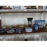 Wedgwood jasper ware trinket boxes, fruit bowl, storage jar, vase & long service award, etc. ( 12